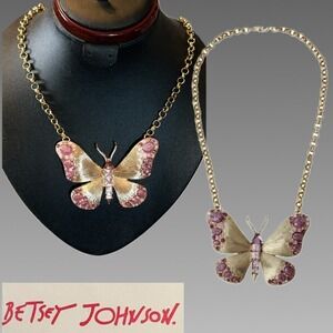 Betsey Johnson Pink Purple Crystal Textured Gold Butterfly Statement Necklace